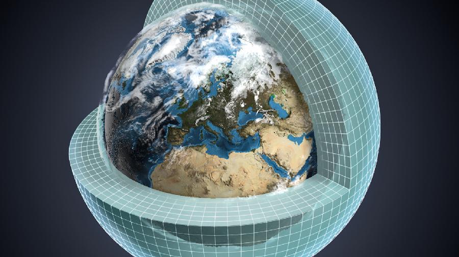 Die Erde vom Weltall aus gesehen, von einem Kästchen-Raster umgeben.