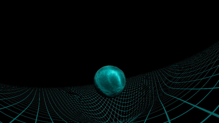 Blick auf einen Planeten der in einem Raum-Zeit-Gitter liegt, wie eine Murmel in einer Mulde.