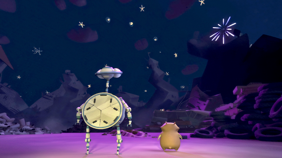 Der Hamster Eddie steht neben einem Roboter auf einem fremden Planeten und blicken auf Schrott.