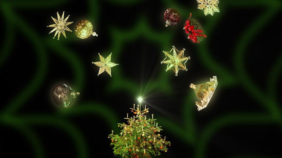 Strohsterne, ein Tannenbaum und Baumkugeln projiziert auf die Planetariumskuppel.