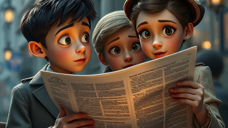 Gezeichnete Kinderfiguren in altmodischer Kleidung halten eine Zeitung zwischen sich aufgeschlagen.