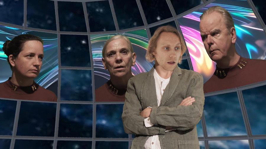 Freuynde + Gaesdte: Die Köpfe der Schauspielenden in einem Rastermuster an der Planetariumskuppel