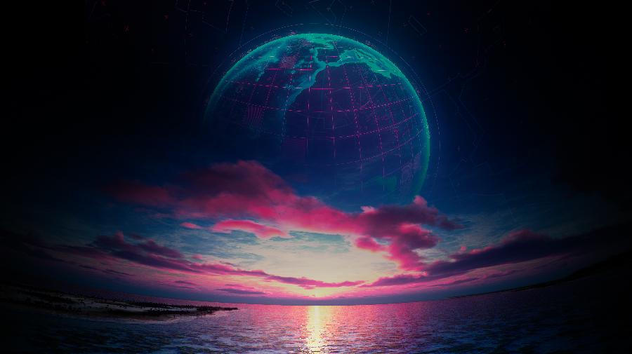 Ein Sonnenuntergang am Meer, dahinter eine schematische Erde.