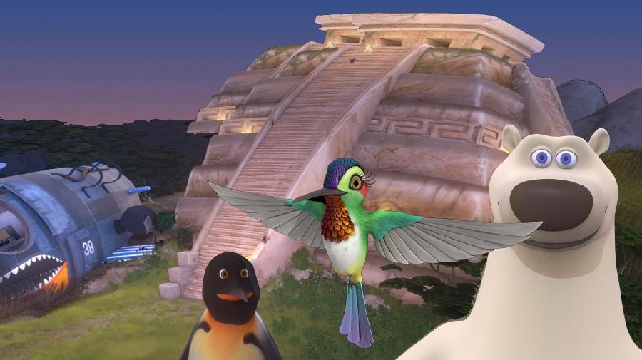 Ein Pinguin, ein Kolibri und ein Eisbär stehen vor einem Raumschiff und einer Pyramide.