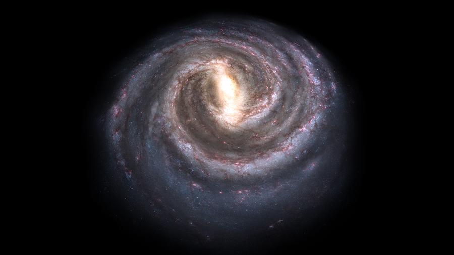 Die Milchstraße vom Weltall aus gesehen mit ihren Spiralarmen und einem hellen Kern.