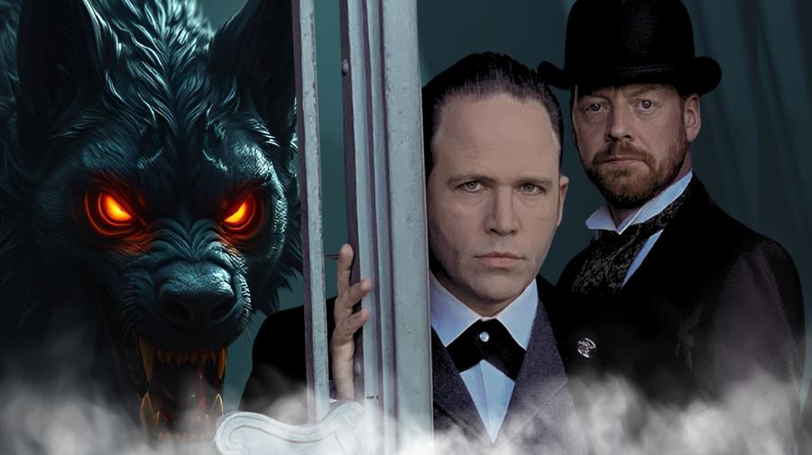 Zwei Männer in viktorianischer Kleidung vor Türrahmen. Links ein riesiger Hund mit leuchtenden Augen