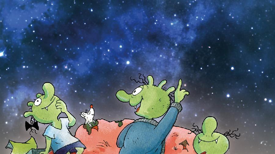 Die Olchis sitzen auf einem Sofa und zeigen auf den Sternenhimmel.