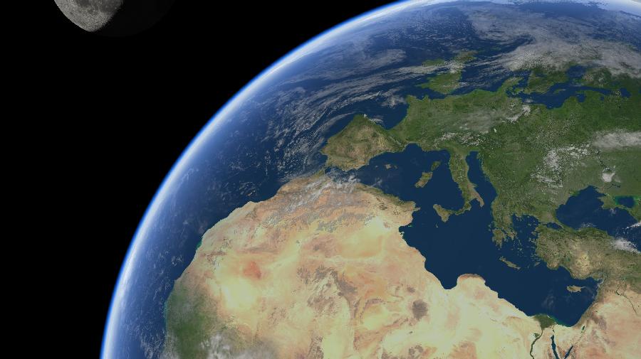 Im Vordergrund ist die Erde aus der Allansicht zu sehen, im Hintergrund die Silhouette des Mondes.