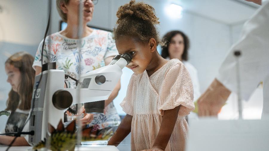 Ein Mädchen schaut durch ein Mikroskop auf eine Petrischale. 