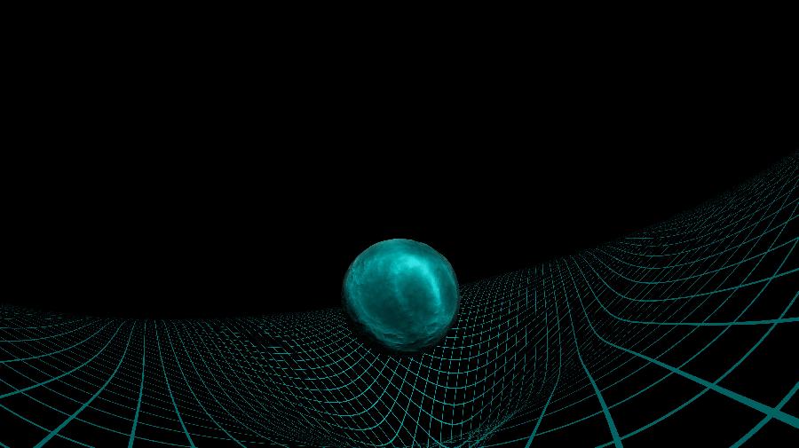 Blick auf einen Planeten der in einem Raum-Zeit-Gitter liegt, wie eine Murmel in einer Mulde.