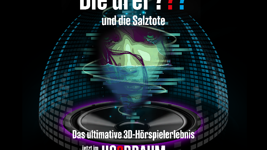 Poster mit geisterhaftem Frauenkopf in digitaler Klangkuppel, darunter großer Lautsprecher.