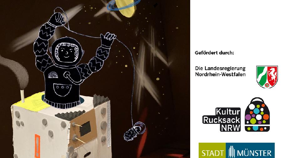 Illustration eines Astronautens, der in einer selbstgebauten Raumkapsel sitzt und Förderlogos.