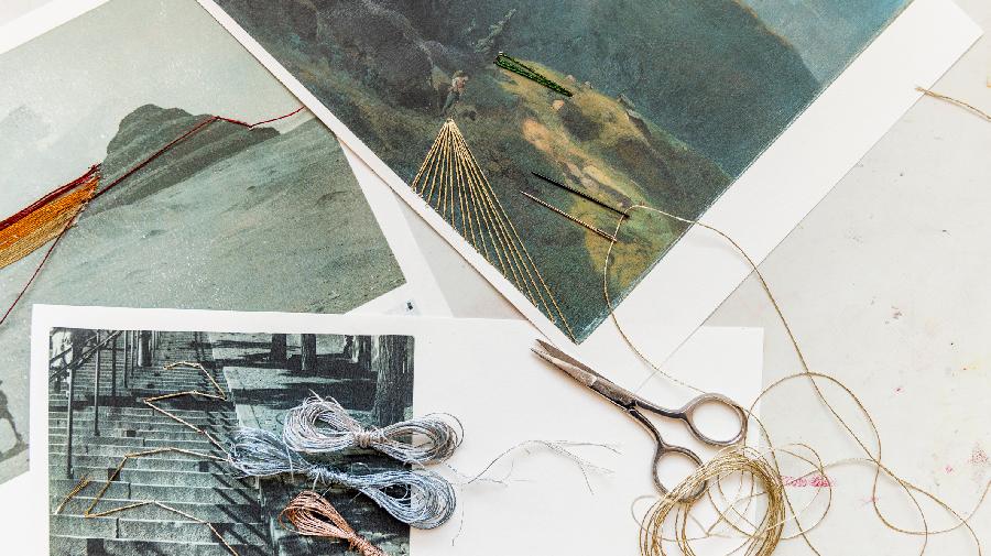 Fotos, Fäden und Schere