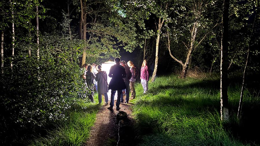 Menschen stehen nachts in einem Wald um eine helle Lichtquelle.