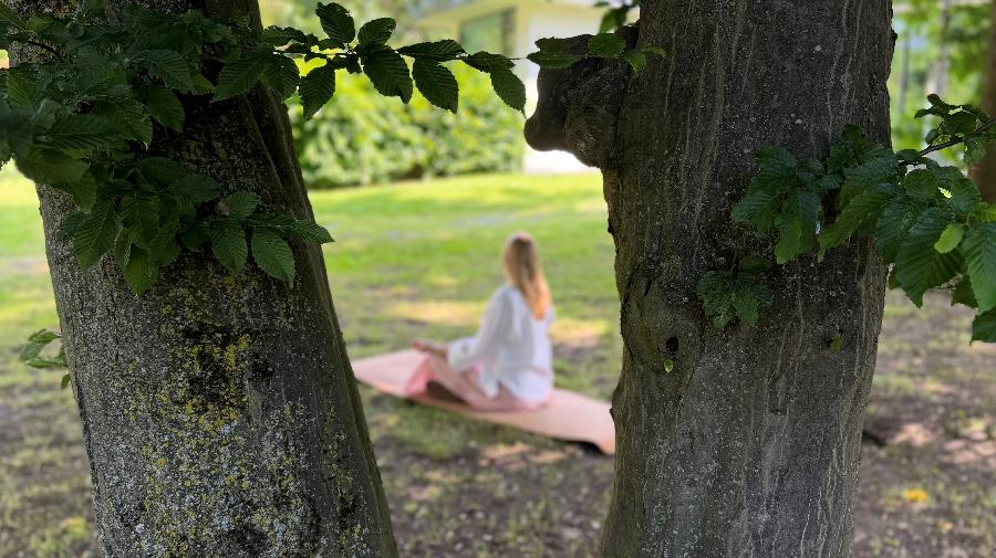 Frau sitzend von Hinten auf Yogamatte im Grünen zwischen 2 Bäumen