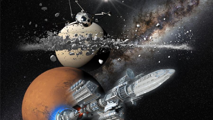 Raumschiff und Raumsonde fliegen vorbei an zwei Planeten, Geröllring, hellem Stern und Sternnebel.