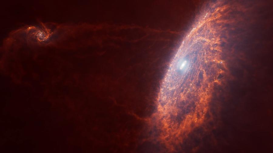 Rot leuchtendes, spiralförmiges Universum im Weltall.