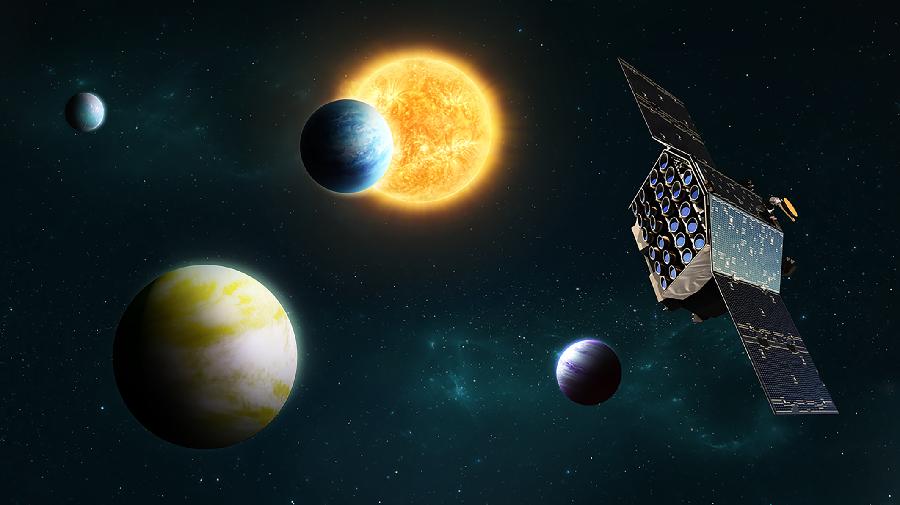 Visualisierung mehrer Planeten und einer Raumsonde im Weltraum. 