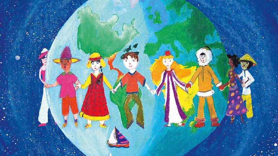Bunte Malerei. Kinder aus allen Erdteilen halten sich an der Hand und umspannen den Erdglobus.