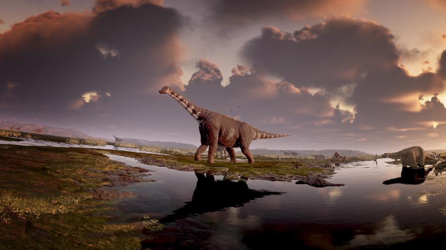 Dinosaurier in einer kargen Landschaft unter bedrohlichem Himmel.