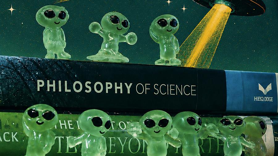 Alien-Figuren vor einem Raumschiff und dem und dem Schriftzug Philosophy of Science