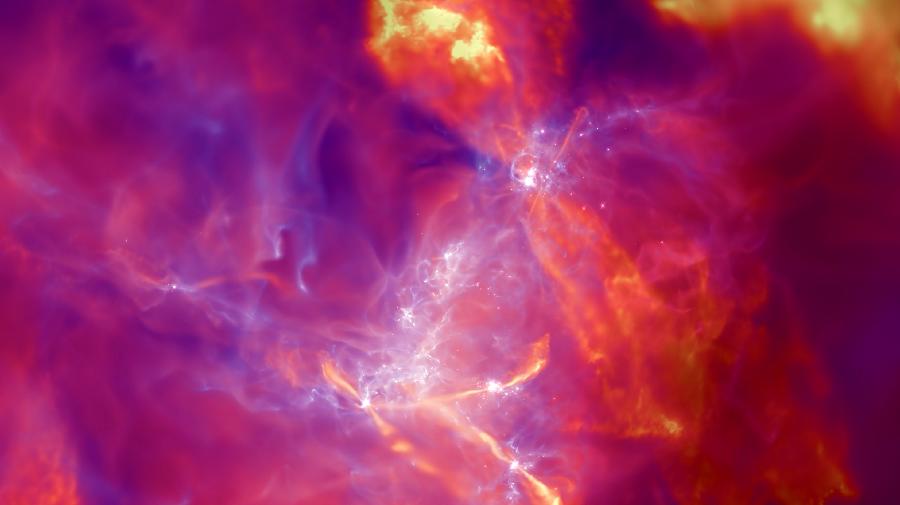 Simulation der Entstehung neuer Sterne in einem Sternentstehungsgebiet