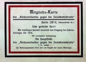 Mitgliedskarte des Landeshauptmanns Hammerschmidt: Reichsverband gegen die Sozialdemokratie 1914