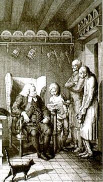 Der spätere Augenarzt und Schriftsteller Johann Henrich Jung, genannt Stilling, (1740-1817) aus Hilchenbach-Grund beim Studium des Lateins mit Pfarrer Johannes Seelbach (1687-1768), rechts daneben sein Großvater Johann Ebert Jung (1680-1751) und sein Vater, Dorfschneider Johann Helmann Jung (1716-1802)
