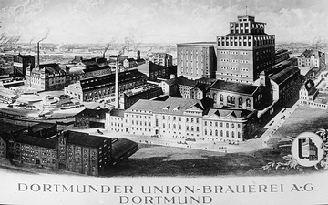 Die Dortmunder Union-Brauerei, undatierte Abbildung mit Firmenschriftzug (vermutlich Werbeplakat)