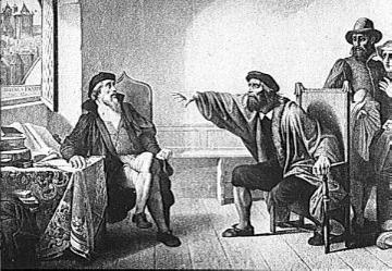 Grafik: Die Schweizer Reformatoren Johannes Calvin und Guillaume Farel im Gespräch