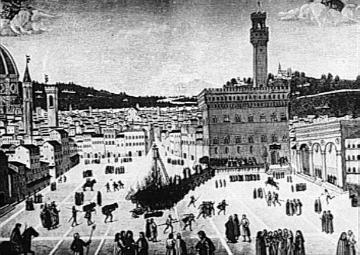 Grafik: Hinrichtung des Dominikaners Savonarola 1498 in Florenz neben dem Palazzo Vecchio