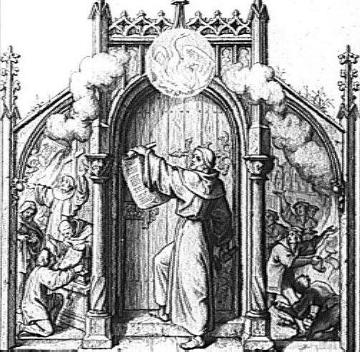 Grafik: Darstellung Martin Luthers beim Anschlagen der 95 Thesen 1517