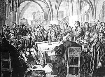 Marburger Religionsgespräche 1529: Martin Luther beim Vortrag vor deutschen und Schweizer Theologen