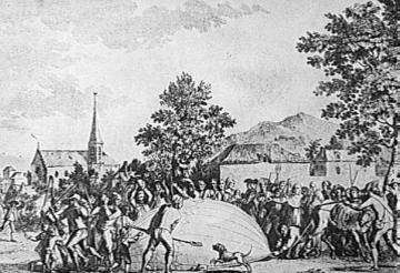 1783: Französische Bauern zerstören den ersten Gasballon, konstruiert von Prof. Jacques Alexandre César Charles, nach der Landung in ihrem Dorf