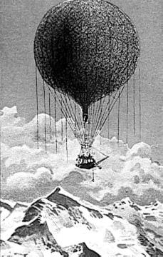 'Gebirgsfahrt' (Zeichnung): Gasballon vor einem Hochgebirgspanorama