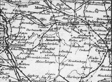 Kartendarstellung der Postkutschenverkehrslinien in Westfalen um 1814