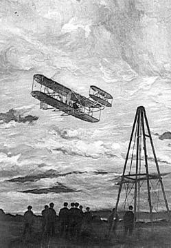 Bildliche Darstellung eines Motorfluges mit dem 'Flyer' der Gebrüder Wilbour und Orville Wright  (undatiert)