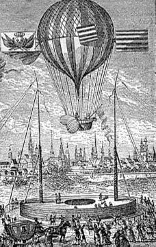1784, Dijon, Frankreich: Ballon mit Segeln und Rudern (Stich), Experiment der Akademie der Wissenschaft