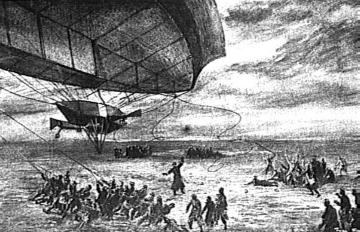 Flugunglück in Irland: Das Luftschiff 'La Patrie' wird am Boden vom Sturm erfaßt (Zeichnung), undatiert