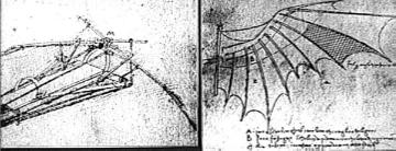 Zeichnungen von Leonardo da Vinci (1452-1517) über die Lösung des Flugproblems (handschriftliche Anmerkungen in Spiegelschrift)
