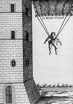 Fallschirm des Faustus Verantius, Darstellung des ersten Fallschirmsprunges in Venedig (Zeichnung)