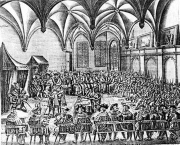 Reformation: Reichstag zu Augsburg 1530, Stich aus aus dem 16. Jahrhundert