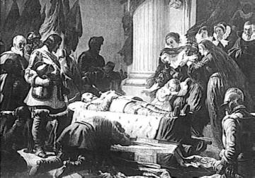 Gemälde: 30jähriger Krieg: Aufbahrung des gefallenen Gustav Adolf, protestantischer König von Schweden, 1632