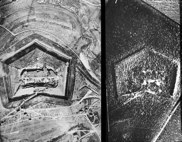 Kriegsschauplatz Verdun (Frankreich) 1915 und 1916: Luftbilder von Fort Douaumont vor und nach dem Angriff