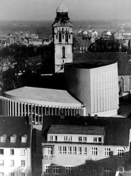 Münster-Innenstadt Höhe Voßgasse/Neubrückentraße mit Theater und Martini-Kirche, um 1957