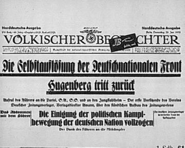 "Völkischer Beobachter" (Presseorgan der Nationalsozialistischen Deutschen Arbeiterpartei (NSDAP) vom 29.6.1933, Schlagzeile zur Auflösung der "Deutschnationalen Front" (ehem. Deutschnationale Volkspartei (DNVP))