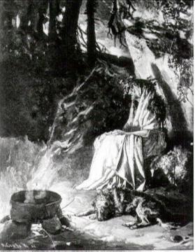 Buchillustration aus "Dreizehnlinden" - Epos von F.W. Weber: Drude am Lagerfeuer