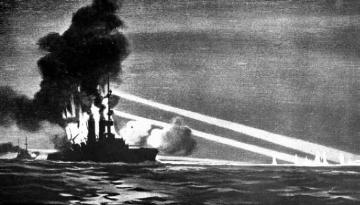 Gemälde - Kriegsschauplatz Skagerrak 1916: Deutsches Linienschiff "Pommern" wird getroffen (in der Schlacht gesunken)