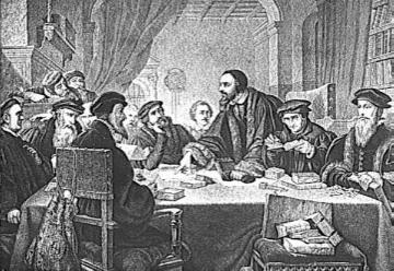 Johannes Calvin, Reformator in Genf, legt seinen Amtsgenossen das evangelische Glaubensbekenntnis dar