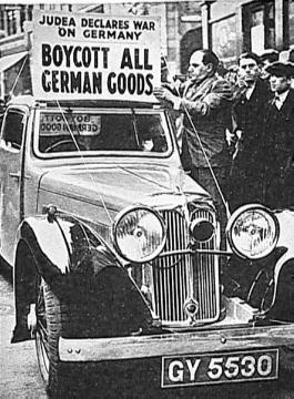 Aufruf zum Boykott deutscher Waren in London 1933. 